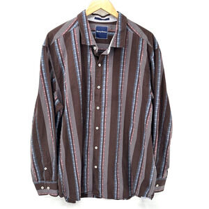 Tommy Bahama Shirt Mens XXL Cotton Silk Brown Blue Red Striped Classic Button Up